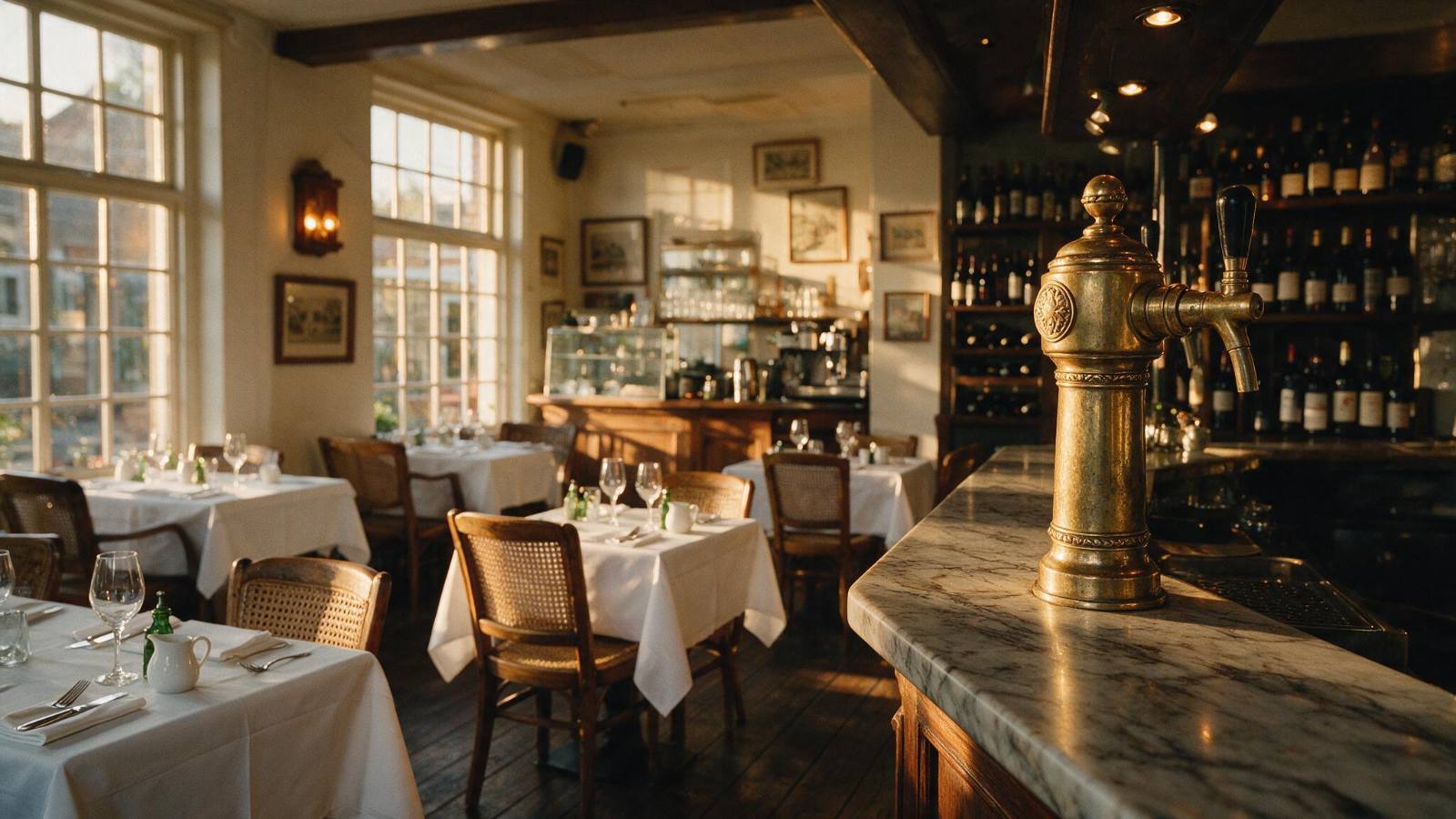 Restaurantinterieur met marmeren bar in avondlicht, sfeerbeeld horecapersoneel Schaijk