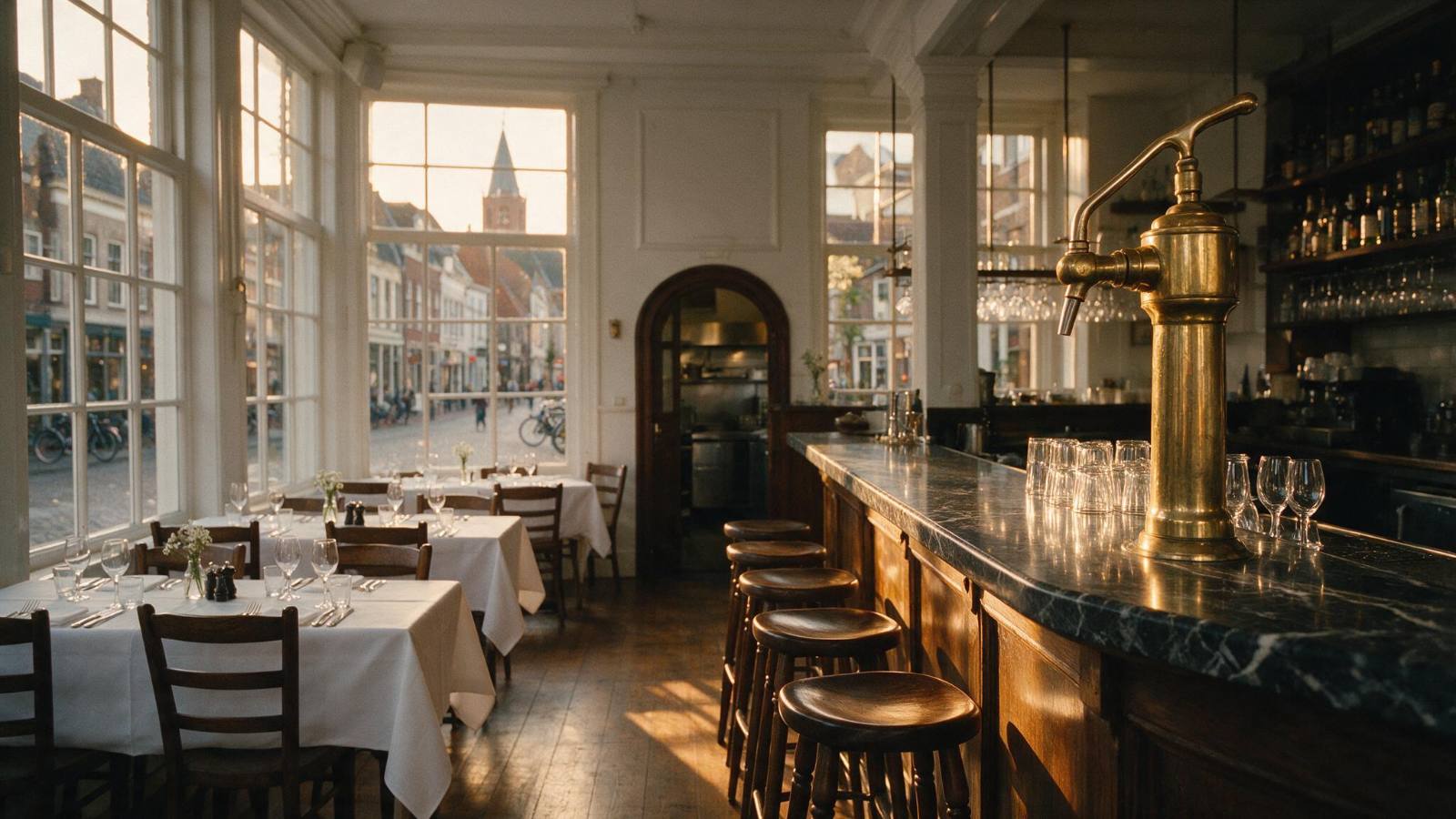 Restaurant met uitzicht op een Brabants dorpsplein, sfeerbeeld horecapersoneel Vught